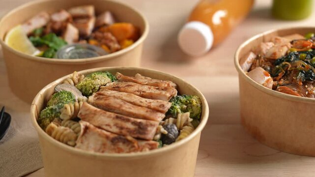 Having a lunch break at the office with delicious Healthy food delivery in take away boxes, Healthy eating concept. dolly shot.