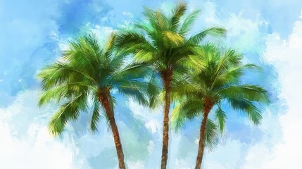 Three palm trees standing under sunny tropical sky