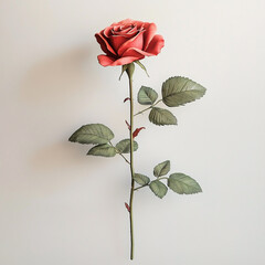 Single Red Rose Stem Elegant Botanical Illustration