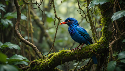 Obraz premium Vivid Blue Bird Perched on Mossy Branch in Lush Rainforest