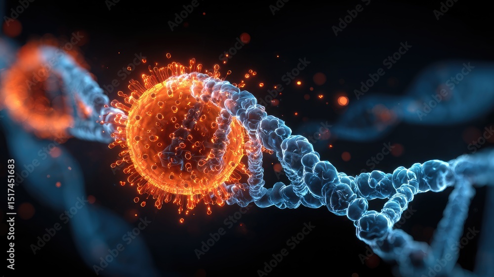 Poster visual representation of a virus interacting with dna.