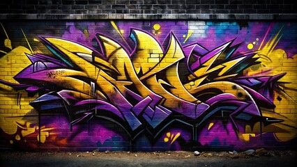 Black Yellow Purple Graffiti Brick Wall Banner Background - Urban Street Art Design