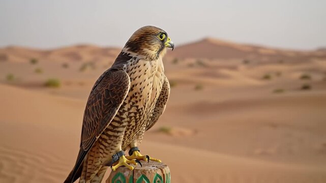Majestic Falcon Perched with Brown Feathers in Desert Sand Dunes Landscape with Clear Skies in Middle Eastern Scenery Shot at Eye Level