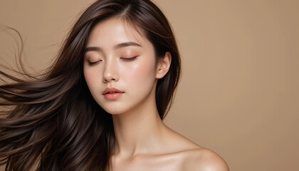 Portrait of a young woman with long brown hair and closed eyes in a studio setting