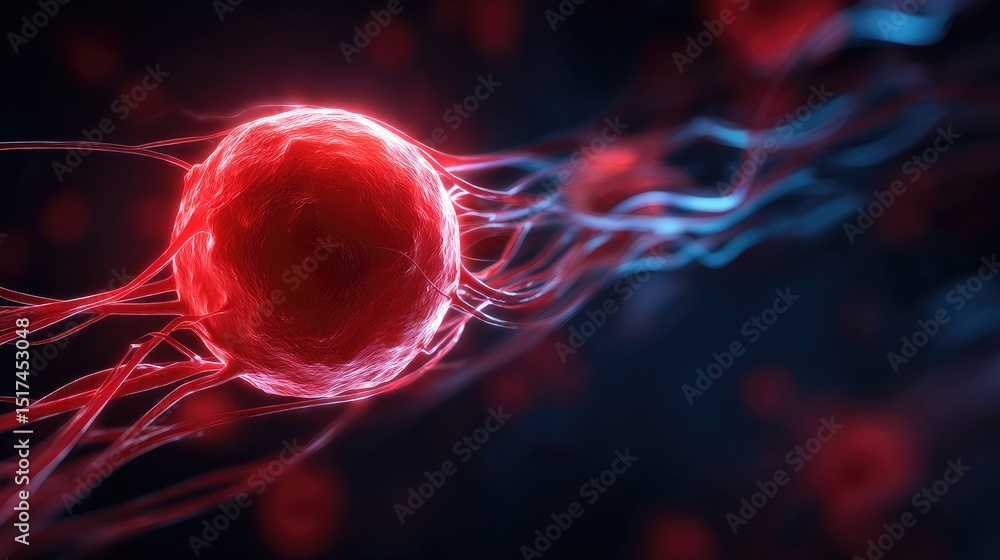 Poster a glowing red cell with intricate network structures.