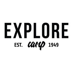 Retro-style text design featuring "Explore" with "Camp EST. 1949" below. Great for outdoor, camping, travel, and nature-themed products, prints, and apparel.