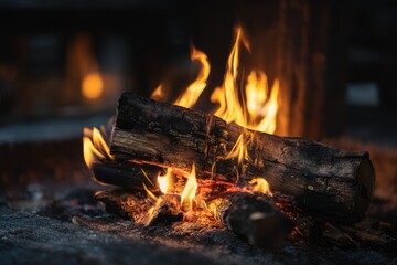 A close-up shot of a bonfire at night, showing vibrant flames engulfing dark, charred logs in a rustic fire pit.  The background is blurred, suggesting a cozy, outdoor setting