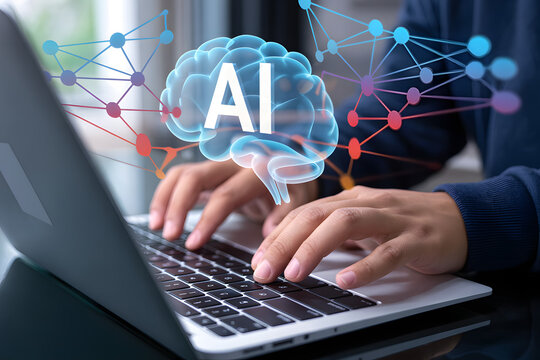 Keyboard input and AI cloud – futuristic tech and network concept  
