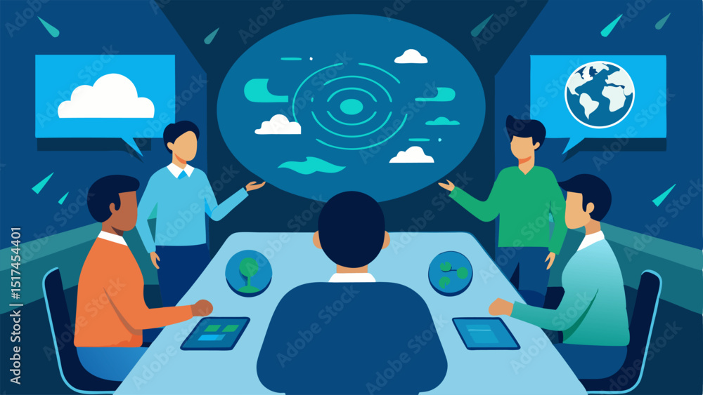 Poster collaboration hub visualize a meeting room with various experts like meteorologists geologists and e
