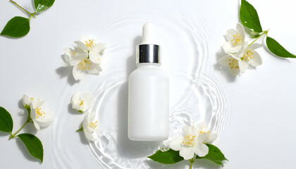 White Bottle of Serum with Jasmine Flowers on White Background
