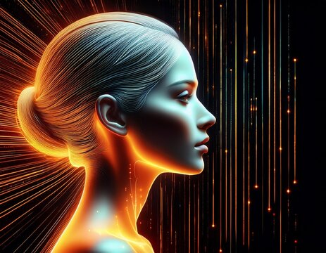 woman profile with glowing data stream