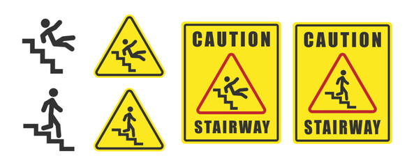 Stairway warning sign. Watch Step Down caution icon symbol. Yellow sign warning of danger. Vector illustration image. Isolated on background.