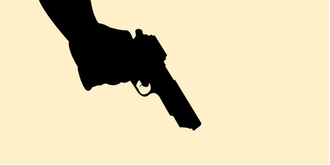 Silhouette of hand holding gun on black concept. Icon arm with weapons. Vector illustrationa.	