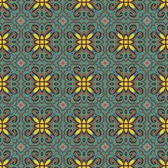 Ornate pattern featuring repetitive floral motifs with prominent yellow centers