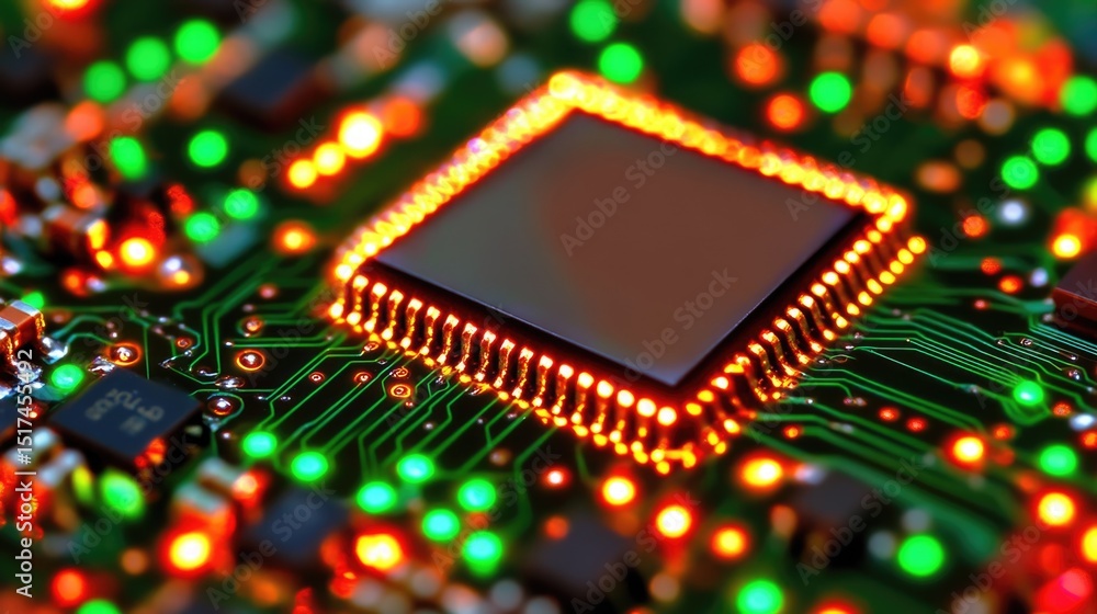 Poster close-up of a microchip on a circuit board with glowing lights. the chip is surrounded by various el