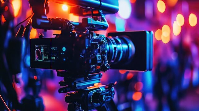 A professional camera on a tripod with colorful lights in the background. The scene captures a vibrant atmosphere, ideal for events or nightlife.