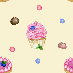 Seamless pattern with cupcakes. All hand painted with watercolor. Suitable for package, textile, design, 