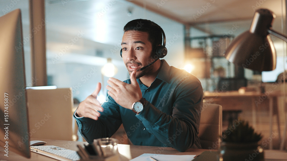 Poster Computer, contact us and explain with man in call center for assistance, help or support at night. Communication, headset and solution with person at office for online customer service in evening