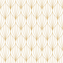 Elegant Art Deco seamless pattern featuring stylized golden palm leaf motifs background for luxury vintage fabric, wrapping paper, web.