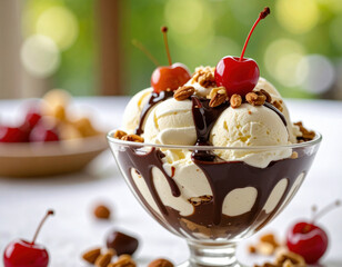 Creamy vanilla ice cream sundae with rich chocolate drizzle and crunchy toppings, styled in a realistic, bright setting.