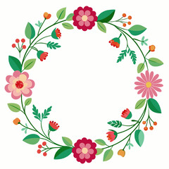 Vibrant Pink and Red Floral Wreath with Green Leaves and Berries - Decorative Round Frame