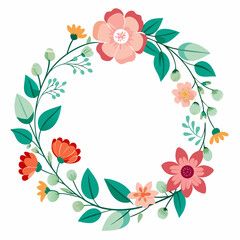 Hand-Drawn Pastel and Orange Floral Wreath Frame with Teal Leaves - Spring Botanical Circle Border