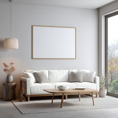 Modern minimalist living room with blank art