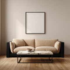 Minimalist living room with beige couch and coffee table