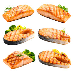 Grilled Salmon Steaks with Herbs, Lemon, and Broccoli; Transparent Background Images