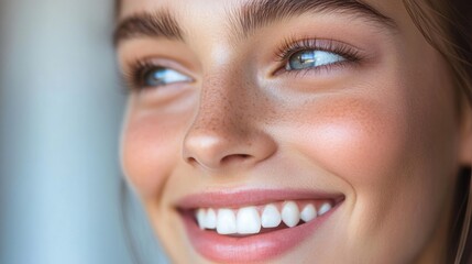 Obraz premium Young light-skinned woman smiling indoors by window in daylight