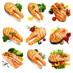 Grilled Salmon with Vegetables, Transparent Background