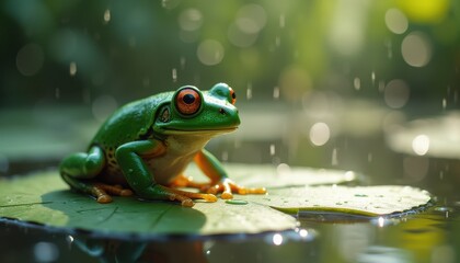 Naklejka premium Frog sitting on lily pad with raindrops in serene pond