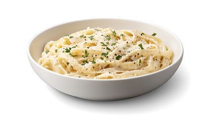 Bowl of Fettuccine Alfredo Topped with Fresh Parsley and Grated Cheese