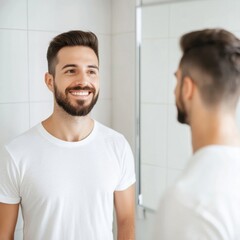 Obraz premium Young man smiling in front of mirror, casual lifestyle moment