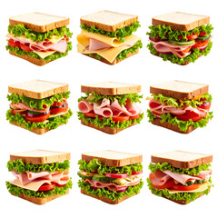 Delicious Sandwiches: Layers of Ham, Cheese, and Vegetables with Transparent Background