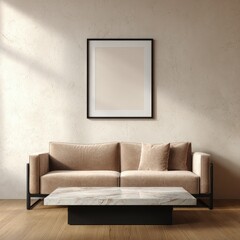 Beige-toned living room with framed art