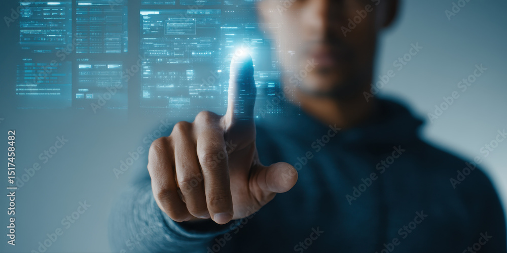 Poster man interacting with futuristic digital interface, pointing finger at glowing virtual screen with da
