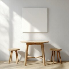 Simple, light-filled room with wooden furniture and blank canvas