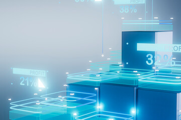  3D render of blue digital block chart with virtual profit data