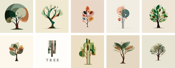 Abstract Tree Icons Set with Unique Art Styles and Bold Color Variations