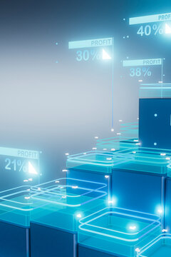  3D render of abstract profit percentages on stacked glowing blo