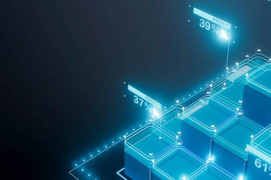  3D render of corner view financial cube chart in neon glow