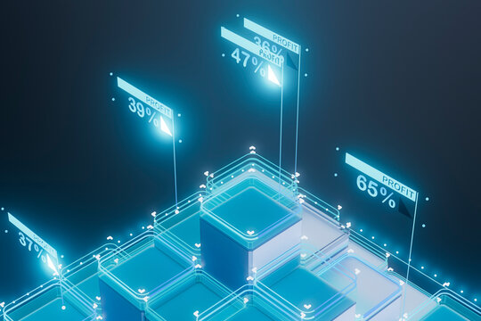  3D render of futuristic finance chart with glowing percentage t