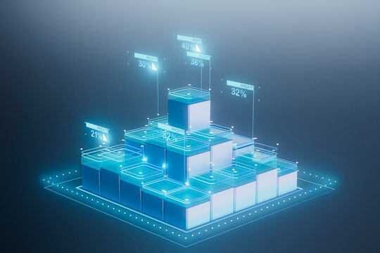  3D render of futuristic profit data chart with glowing blocks