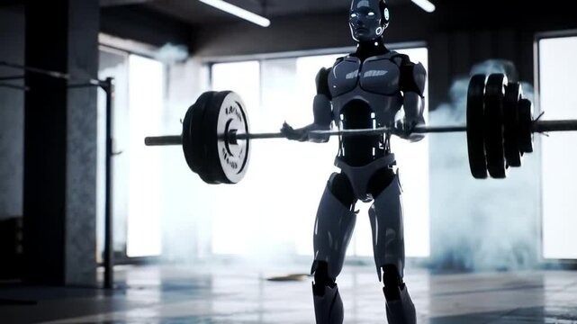 4K cinematic video of a humanoid robot working out in a gym. High-tech setting, realistic animation, perfect for themes of AI, fitness, and future technology.