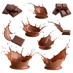 Chocolate Splashes & Bars on Transparent Background