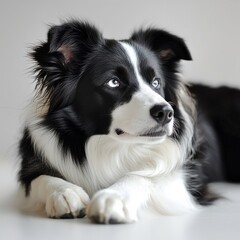 Adorable black and white Australian Shepherd puppy with blue eyes lying on a white surface, looking thoughtfully to the side with alert ears and fluffy coat