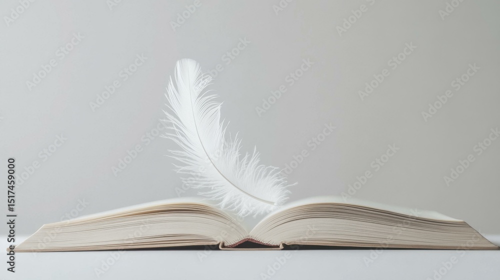 Aufkleber Feather resting on an open book in serene indoor setting