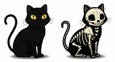 two stylized black cat figures - one with a standard cat shape and the other with a skeletal design, suggesting a cat skeleton. This appears to be an illustration or graphic design representing Hallow