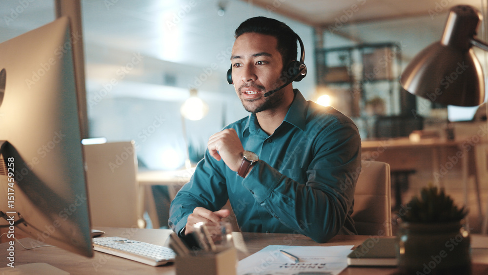 Poster Computer, headset and solution with man in call center for assistance, help pr support at night. Communication, contact us and explain with person at office for online customer service in evening